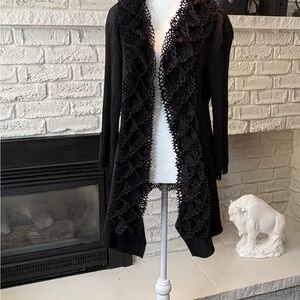 Lindi Black Plissé Pleated Ruffle Lace Cardigan Jacket Artsy Lagenlook Medium